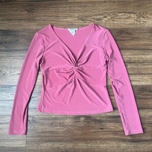 Y2K Pink Twist-Front Long Sleeve Top Women‎ M Stretchy V-Neck Minimalist Blouse